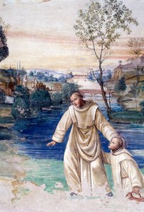 Maur loopt over water om Sint Placidus te redden (detail). Kloosterfresco door Antonio Bazzi genaamd il Sodoma (1477 - 1549) die het leven van Sint Benedictus van Nursia (480 - 567) oprichter van de Benedictijner Orde vertelt 1503 - 1508 Abdij van Monte Ol door Giovanni Antonio Bazzi Sodoma