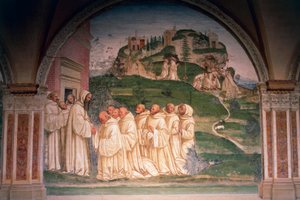 Sint Benedictus gesmeekt door monniken, water producerend van de top van de berg, scène uit Verhalen van Sint Benedictus van Monte Oliveto Maggiore door Giovanni Antonio Bazzi Sodoma