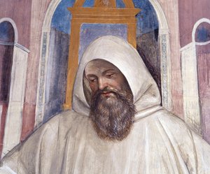Sint Benedictus geeft de regel aan de olivetani monniken (detail) door Giovanni Antonio Bazzi Sodoma