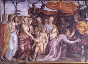De Sala delle Nozze di Alessandro e Rossana detail van Alexander met de familie van Darius III (detail) door Giovanni Antonio Bazzi Sodoma