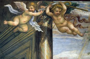 De Sala delle Nozze di Alessandro e Rossana detail van twee vliegende putti (detail)