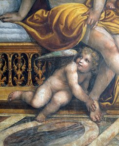 De Sala delle Nozze di Alessandro e Rossana detail van een putto die zich verstopt bij Roxannes voeten (detail)