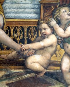 De Sala delle Nozze di Alessandro e Rossana detail van een putto die aan Roxannes voet trekt (detail) door Giovanni Antonio Bazzi Sodoma