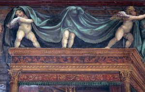 De Sala delle Nozze di Alessandro e Rossana detail van putti die onder het bedhemel spelen (detail) door Giovanni Antonio Bazzi Sodoma