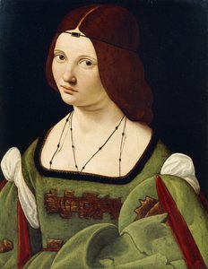 Portret van een dame, vermoedelijk Clarice Pusterla, halflang, in een groene jurk