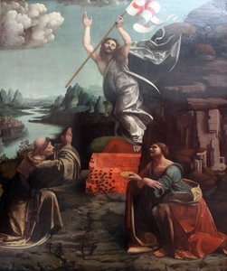 De Opstanding van Christus met de Heilige Leonard van Noblac en Lucia door Giovanni Antonio Boltraffio