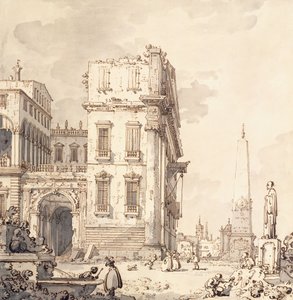 Een capriccio van een Venetiaans Paleis met Uitzicht op een Piazza met een Obelisk door Giovanni Antonio Canal