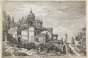 Landschap met een Kerk, Huizen en een Molen door Giovanni Antonio Canal