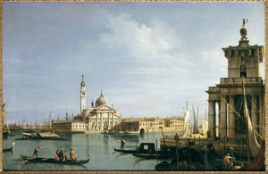 Het eiland San Giorgio Maggiore, Venetië, met de Punta della Dogana en talrijke schepen door Giovanni Antonio Canal