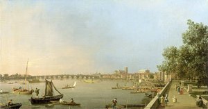 De Theems vanaf het Terras van Somerset House, stroomopwaarts richting Westminster en Whitehall, ca. 1750 door Giovanni Antonio Canal