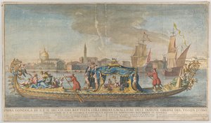 De rijkelijk versierde eerste gondel van ambassadeur Giovanni Battista Colloreado