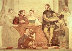 Het banket, detail van figuren aan tafel