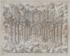Plaat 2 [tegenproef]: Toneelset met allegorische figuren zittend tussen de wolken