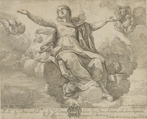 De tenhemelopneming van de Maagd, die in de wolken zit met uitgestrekte armen