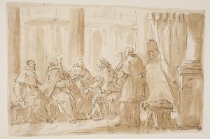 Een groep van vijf geestelijken die met een leek praten door Giovanni Antonio Pellegrini