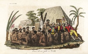 Hawaïaanse inboorlingen bieden een offerzwijn aan Kapitein James Cook voor 12 priesters en een houten afgodsbeeld in het heilige Orono-huis door Giovanni Antonio Sasso