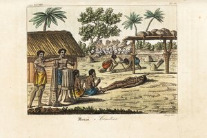 Menselijke offerande in een heilige marae (Morai) of begraafplaats, Tahiti door Giovanni Antonio Sasso