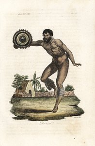 Naakte getatoeëerde man van Hawaï (Sandwich-eilanden) die danst voor kapitein James Cook door Giovanni Antonio Sasso