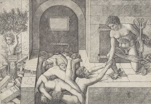 Onwetendheid en Mercurius een allegorie van Deugd en Ondeugd, Mercurius knielend rechts..., ca. 1490-1525 door Giovanni Antonio da Brescia