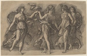 Vier Dansende Muzen door Giovanni Antonio da Brescia, after Andrea Mantegna