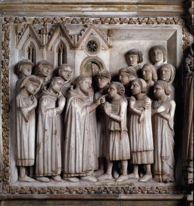 Het wonder van de stomme (Leven van Sint-Pieter van Verona). detail van een marmeren reliëf door Giovanni Balduccio