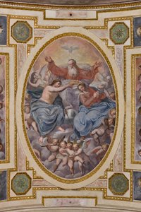 Genua, Duomo (Sint-Laurenskathedraal), binnen, de Lercari-kapel of de Kapel van het Heilig Sacrament (noordelijke apsis), gewelf: "Kroning van de Maagd", fresco door Giovanni Battista Castello bekend als Bergamasco door Giovanni Battista Castello