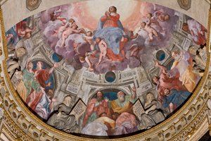 Genua, Duomo (Sint-Laurenskathedraal), binnen, de Lercari-kapel of de Kapel van het Heilig Sacrament (noordelijke apsis), apsis: "Hemelvaart van de Maagd", fresco door Giovanni Battista Castello bekend als Bergamasco