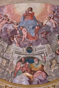 Genua, Duomo (Sint-Laurenskathedraal), binnen, De Lercari-kapel of De Kapel van het Heilig Sacrament (Noordelijke apsis), apsis: "Hemelvaart van de Maagd", fresco door Giovanni Battista Castello bekend als Bergamasco