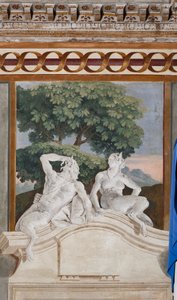 Gastverblijven, kamer van de landelijke scènes: monochrome fresco die een sater en een maenade voorstelt