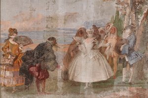 Gastverblijven, de kamer van de carnavalscènes: "Pantalone en Columbina", een scène met maskers door Giovanni Battista Tiepolo