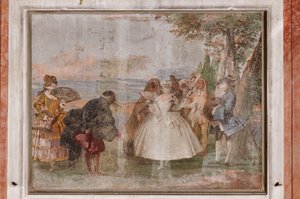 Gastverblijven, de Kamer van de Carnavalsscènes: "Pantalone en Columbina", een scène met maskers door Giovanni Battista Tiepolo