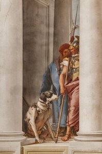 Palazzina (Klein Gebouw), de entreehal: "De Griekse Vloot in Aulide" (detail met een hond en een soldaat) door Giovanni Battista Tiepolo