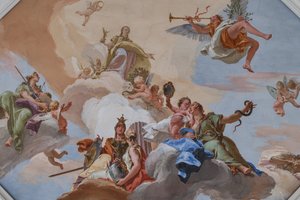 Triomf van Glorie aangekondigd door Faam staande tussen de Kardinale Deugden