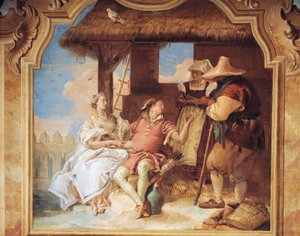Angelica en Medoro nemen afscheid van boeren door Giambattista Tiepolo uit de Nani Kamer van de Razernij van Orlando in Villa Valmarana, fresco
