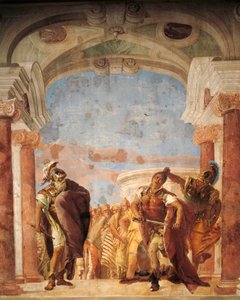 Minerva weerhoudt Achilles van het doden van Agamemnon door Giambattista Tiepolo, fresco, De Ilias-kamer, Villa Valmarana 