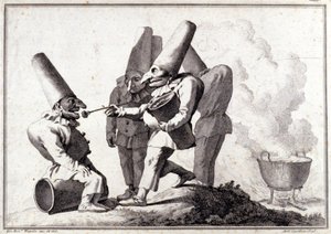 De groep van Pulcinella (Italiaanse Polichinelle). Tekening in pen en was op potloodmarkering door Giovanni Battista (Giambattista) Tiepolo (1696-1770). door Giovanni Battista Tiepolo