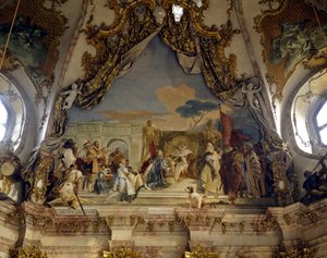De investituur van de bisschop Aroldo door Frederik I van Hohenstaufen (1122-1190) bekend als Frederik Barbarossa, koning van Duitsland en keizer van het Heilige Roomse Rijk (fresco)