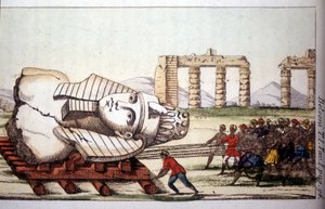 Transport van de buste van Memnon aan de oevers van de Nijl door Belzoni. Giovanni Battista Belzoni, Italiaanse ontdekkingsreiziger en archeoloog, maakte belangrijke archeologische ontdekkingen in Egypte. Gravure in 