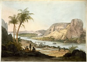 Buitenaanzicht van de twee tempels in Abu Simbul, uit Platen ter illustratie van de Onderzoeken in Egypte en Nubië, gepubliceerd in 1822 door Giovanni Battista Belzoni