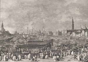 Plaat 5: De Doge in de Bucintoro vertrekt naar de Porto di Lido op Hemelvaartsdag, ca. 1766 door Giovanni Battista Brostoloni