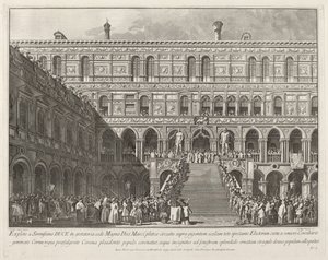 De Doge gekroond op de Scala dei Giganti van het Dogepaleis door Giovanni Battista Brostoloni