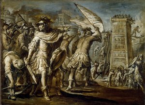 Eerste kruistocht: "De Genuese condottiero Guglielmo Embriaco tijdens de inname van Jeruzalem" Het is de oorsprong van een aanvalstoren gemaakt van het hout van Genuese schepen. Monochroom schilderij door Giovanni Battista Carlone