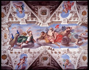Juno vraagt Aeolus om de reis van Aeneas te verhinderen (fresco)