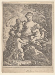 Liefdadigheid, zittend in een landschap omringd door vijf naakte kinderen, 1692-1727 door Giovanni Battista Catenaro