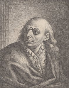 Portret van Luca Giordano, met ronde bril en kijkend naar links