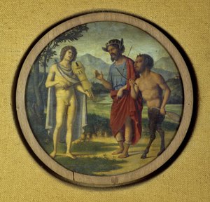 Toetseninstrumenthoes met illustratie van Apollo (met lier) en Marsyas door Giovanni Battista Cima da Conegliano