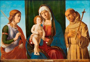 Madonna en kind tussen heiligen Ursula en Franciscus van Assisi, ca. 1495 door Giovanni Battista Cima da Conegliano