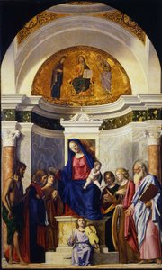 Maagd en Kind met heiligen Johannes de Doper, Cosmas en Damianus, Catharina en Paulus, ca. 1506-1507 door Giovanni Battista Cima da Conegliano