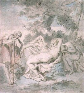 Cimon en Iphigenia: met twee vrouwelijke bedienden in een landschap