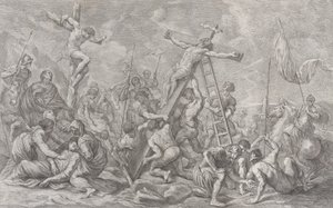 De Kruisiging, met het Neerlaten van het Kruis in het Midden, Soldaten Overal, en een Die..., 1762
